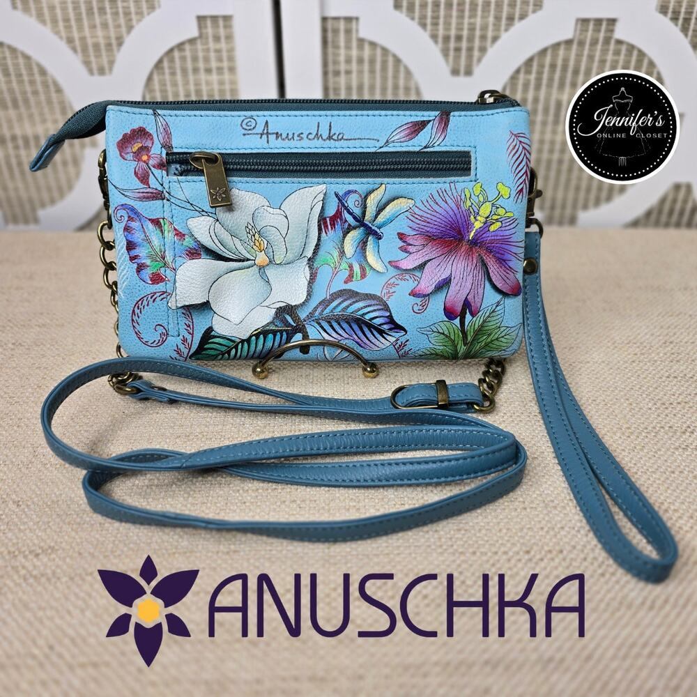 Anuschka Jardin Blue Genuine Leather Organizer Wristlet Crossbody